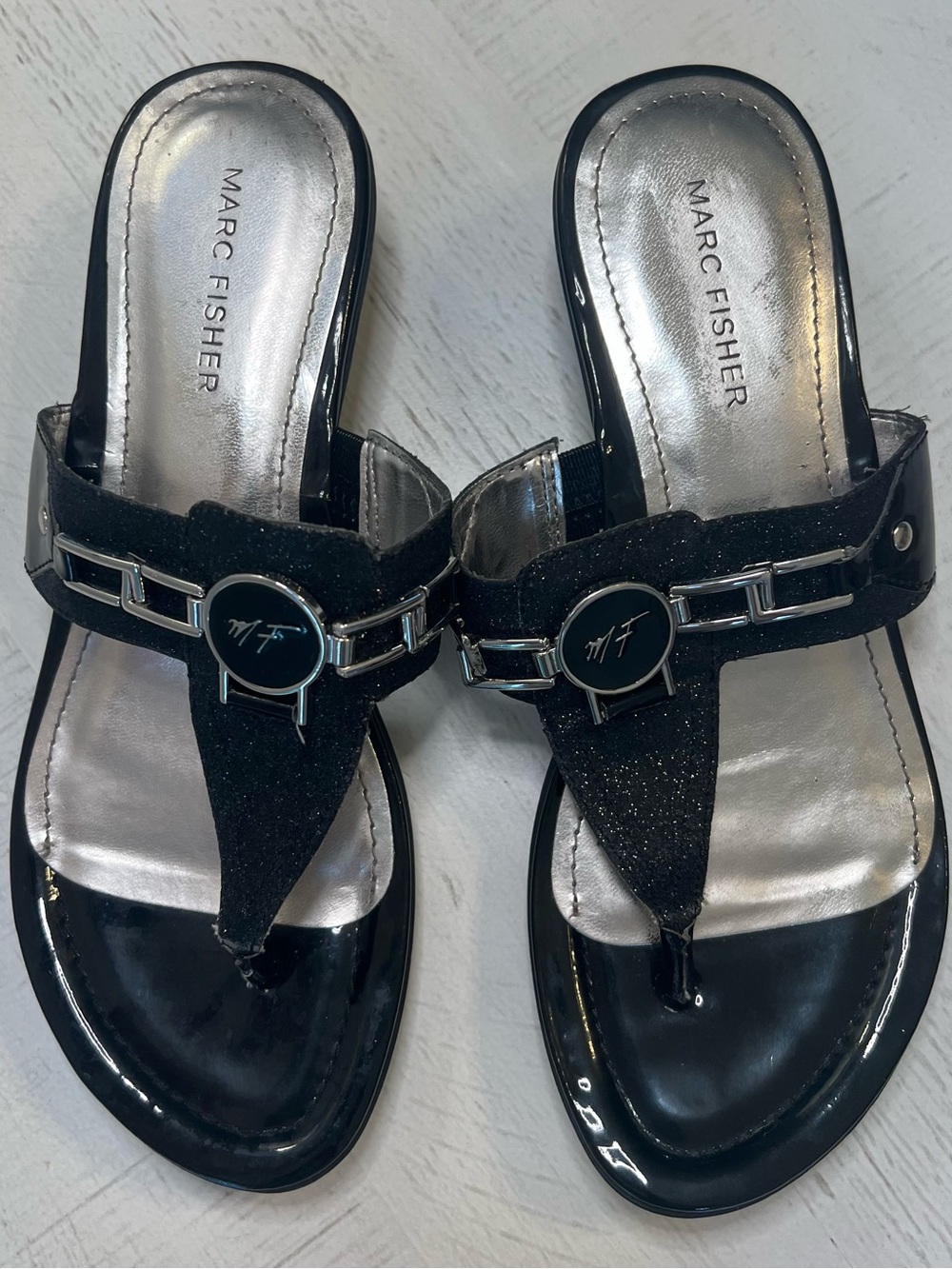 Marc Fisher Black Patent Thong Sandals with Silver Accents